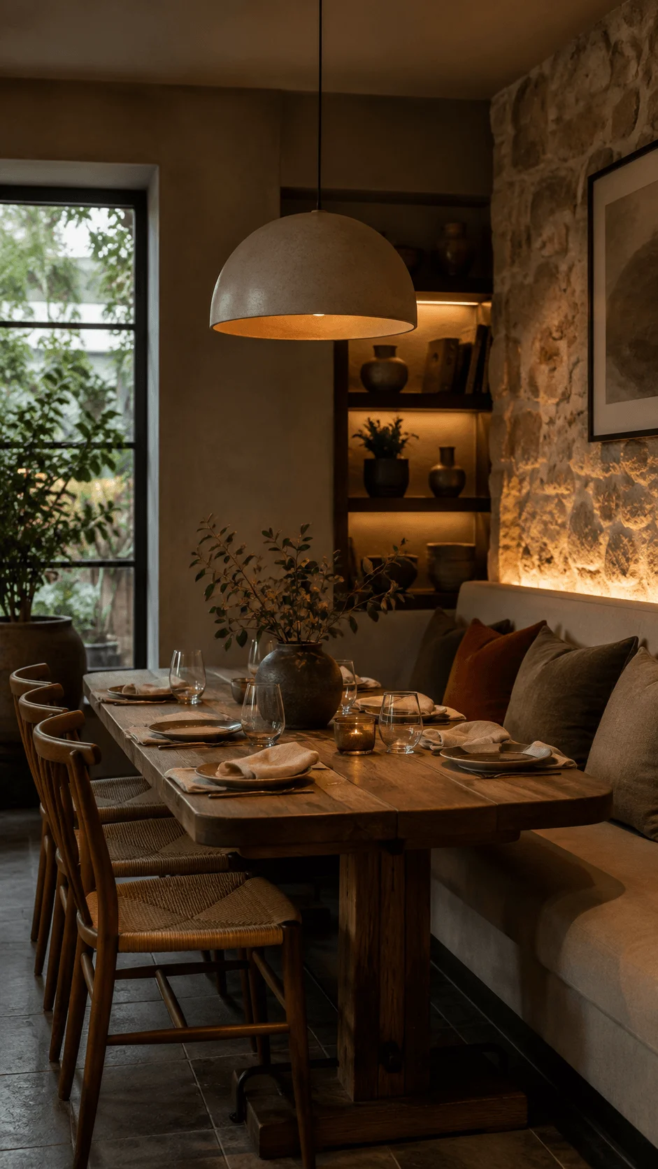Restaurant inspired sustainable dining space with reclaimed wood table woven chairs upholstered bench stone wall warm lighting and natural greenery