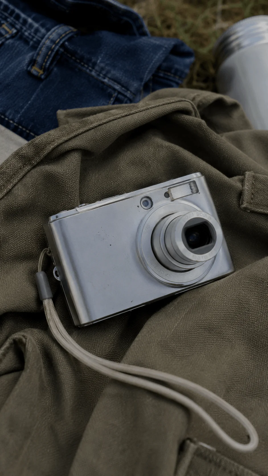 Retro digital camera resting on a dark fabric bag with a wrist strap and denim clothing in the background