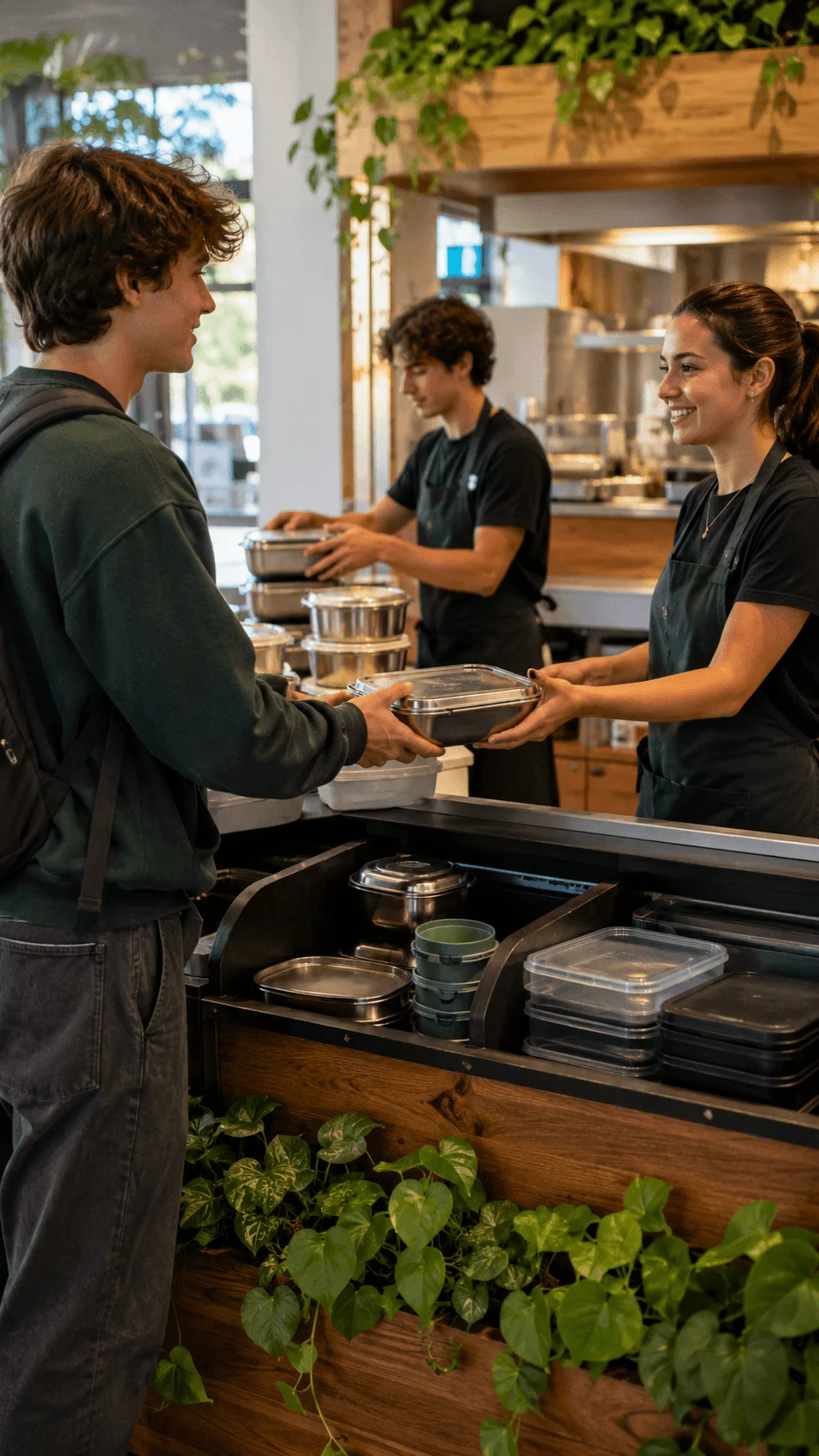 Reusable deposit return food containers being exchanged between a customer and restaurant staff at a sustainable takeaway counter