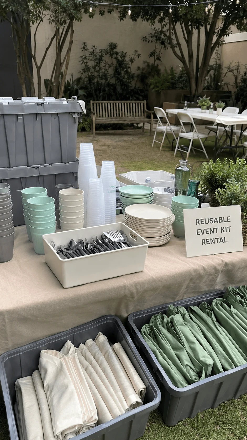Reusable event kit rental with cups plates cutlery tablecloths and other sustainable supplies for outdoor events