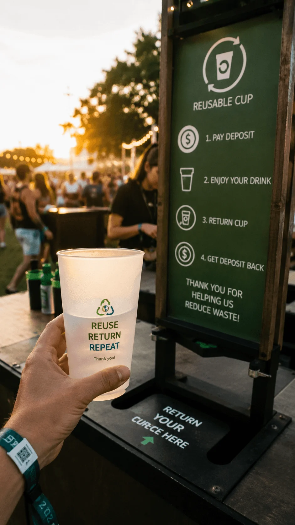 Reusable festival cup deposit system with a return station encouraging attendees to reuse cups and reduce waste