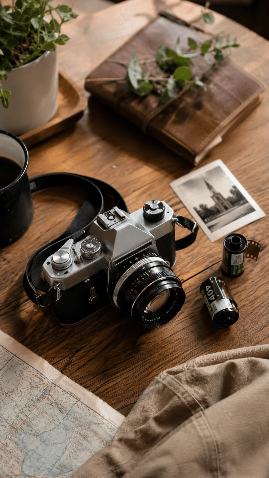 Vintage film camera with lens, film rolls, travel map, notebook, and coffee on a wooden table