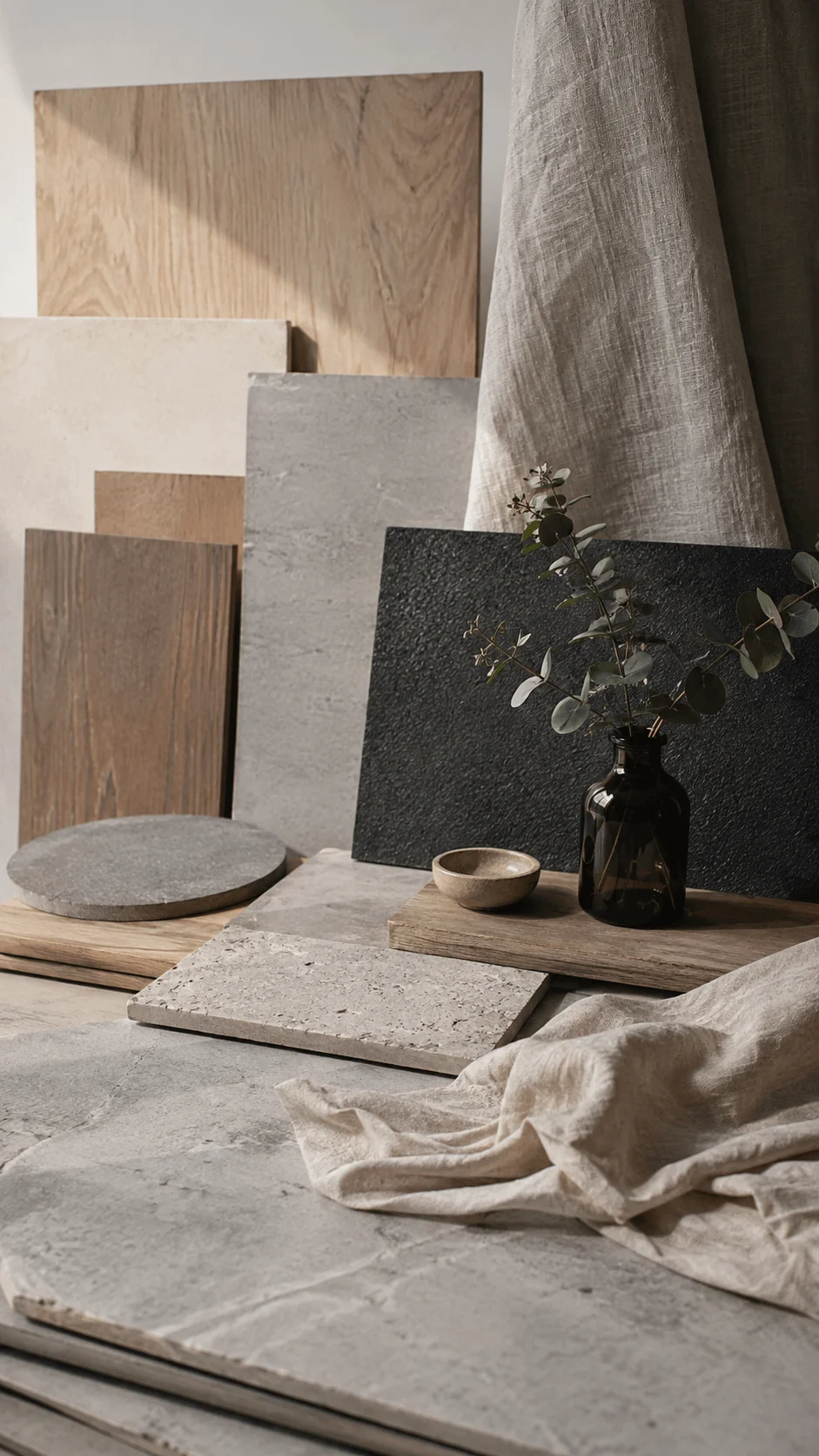 Reusable modular photography backdrops featuring wood, stone, concrete, linen fabric, ceramic props, and greenery arranged in a neutral studio setting