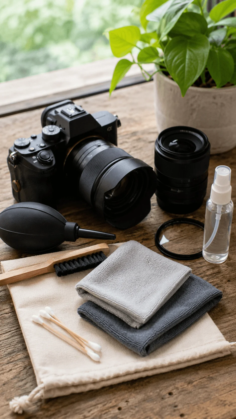 Reusable and biodegradable camera cleaning accessories with camera lenses, cleaning cloths, brush, air blower, spray bottle and cotton swabs on a wooden table beside a green plant
