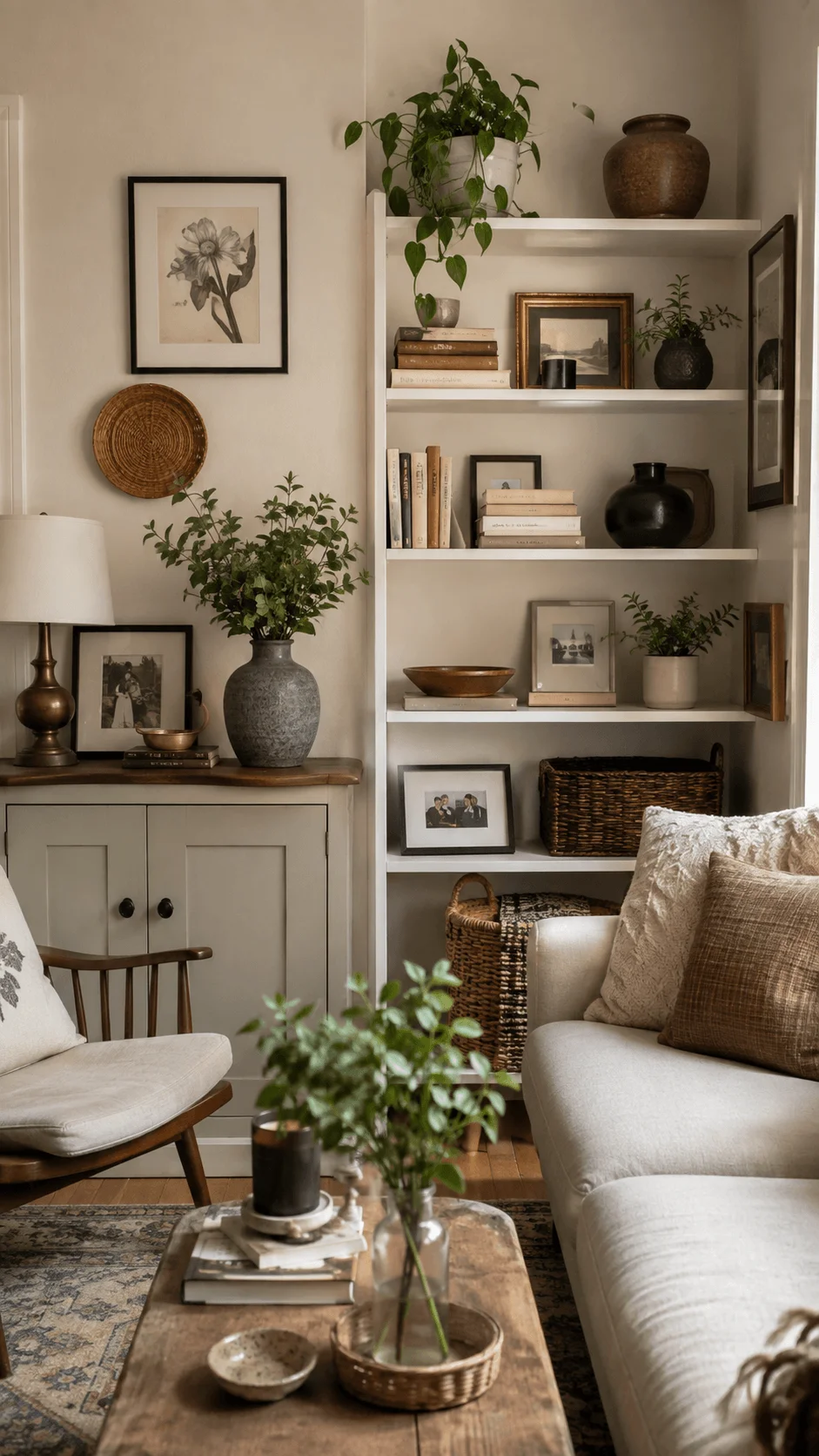 Reuse what you already own for eco friendly home decoration with repurposed furniture woven baskets vintage artwork indoor plants and natural materials in a cozy living room