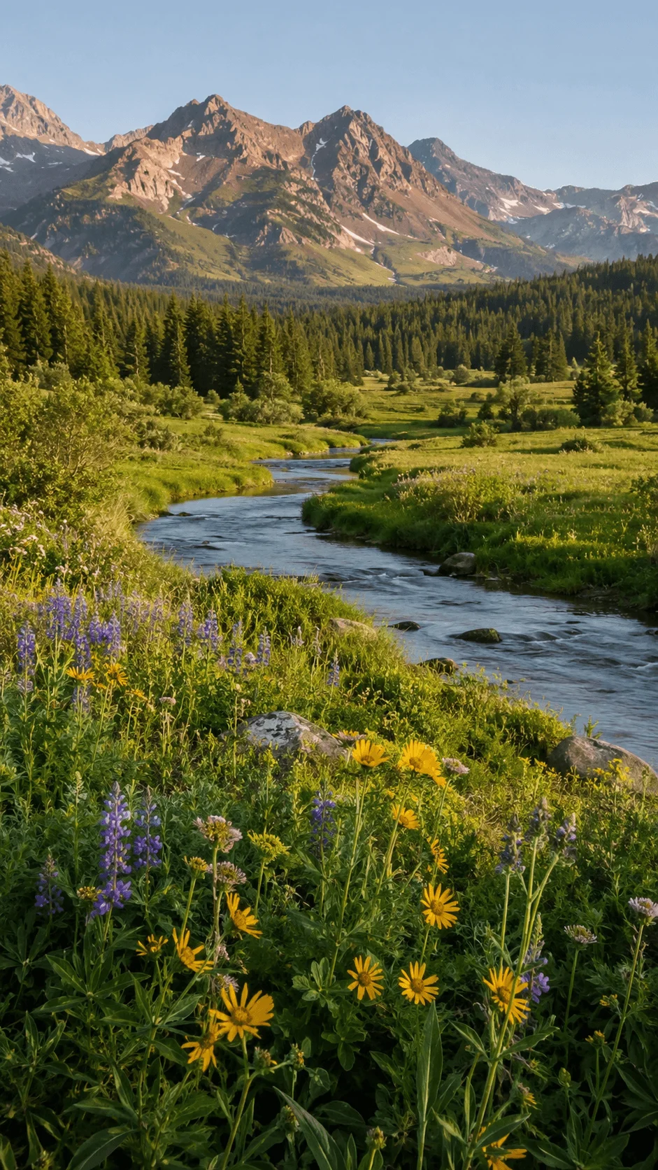 Rewilded mountain landscape with a flowing river, colorful native wildflowers, lush green meadows, pine forests, and rugged peaks