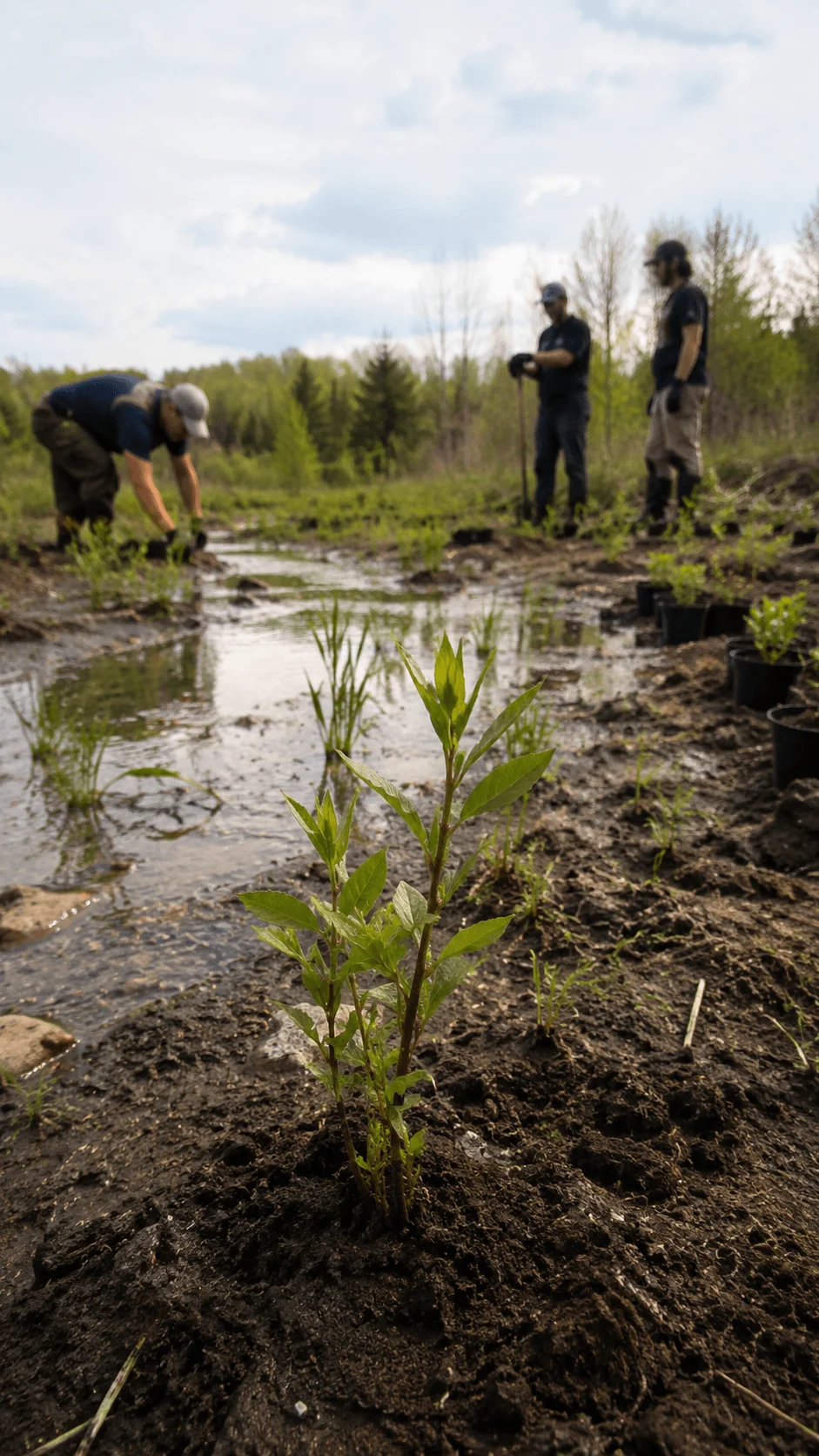 People planting native seedlings along a wetland restoration site with a young green plant in the foreground and a stream running through the landscape