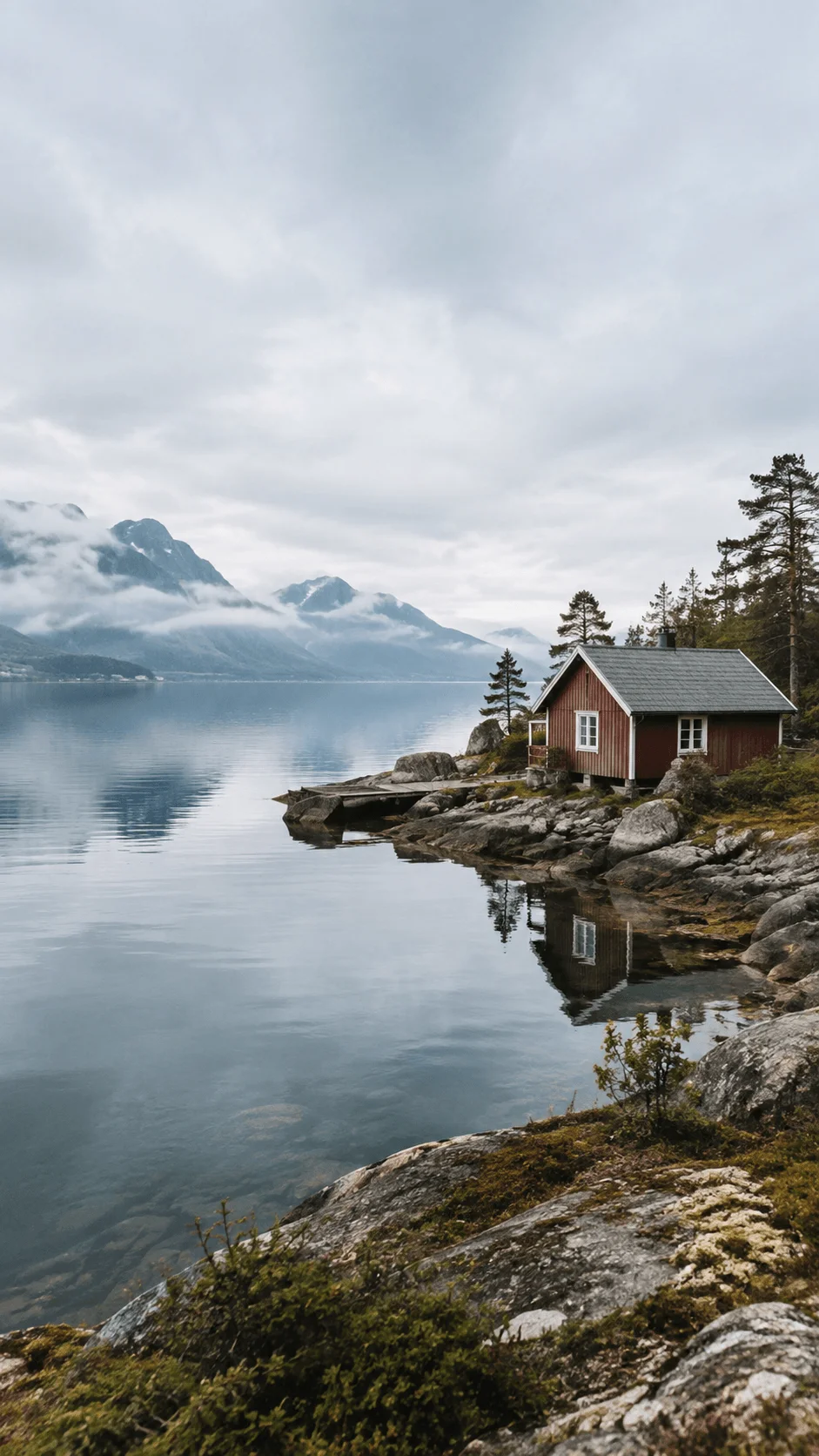 Scandinavian lakeside cabin surrounded by rocky shores and pine trees with calm water and misty mountains in the background