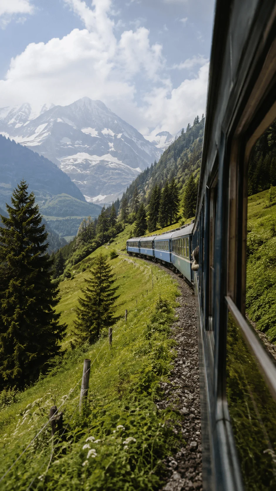 Scenic train journey photography featuring a railway traveling through lush green mountains with snow covered peaks