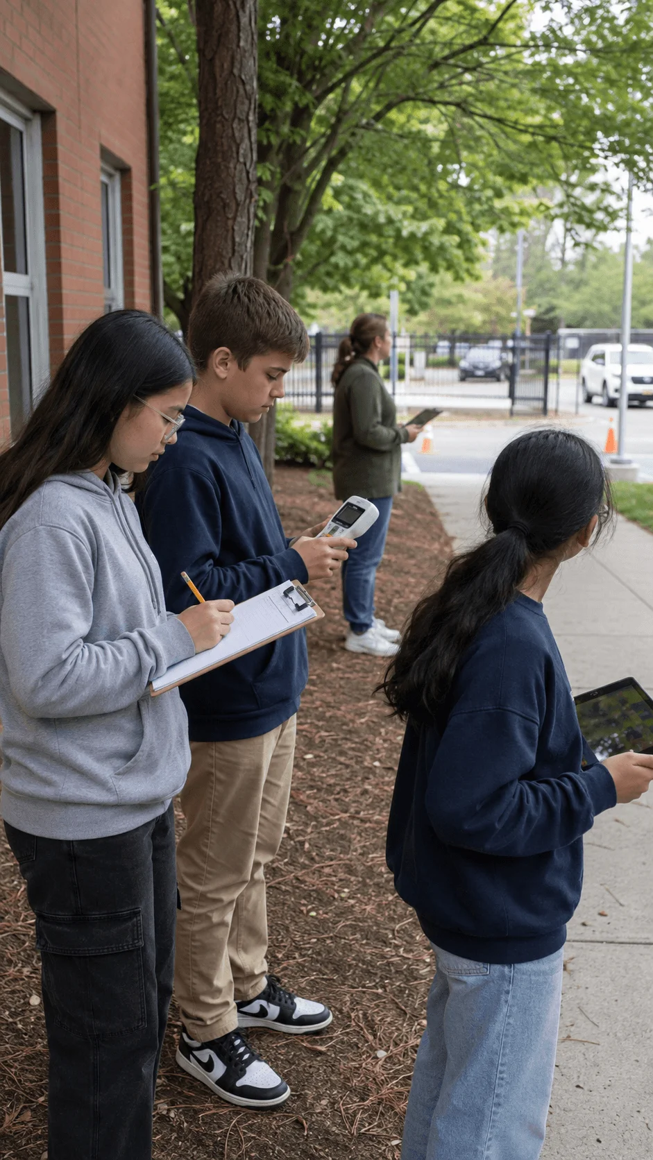Students conducting a school air quality monitoring project using sensors tablets and observation notes around campus