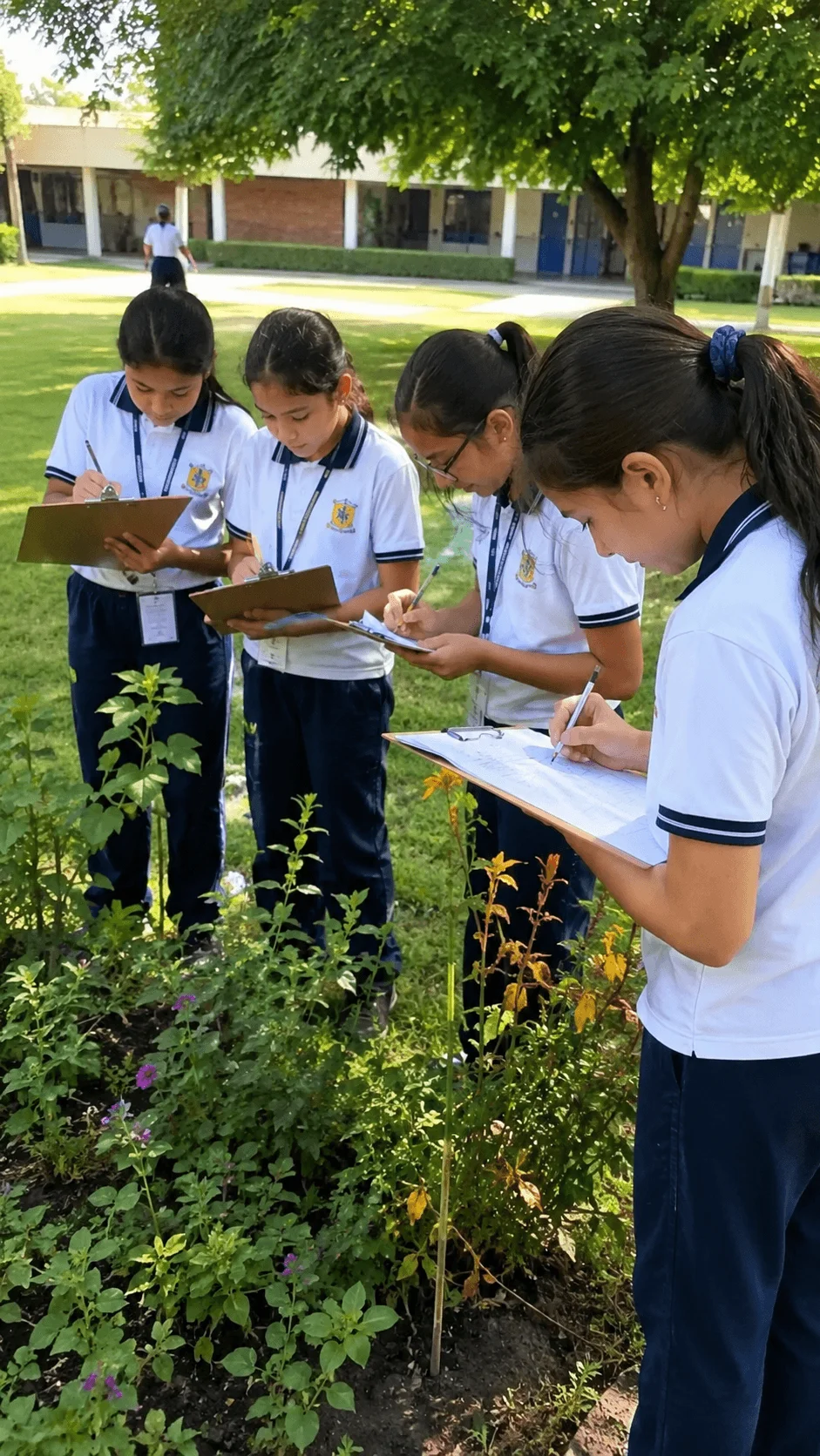 Students recording observations of plants in a school garden as part of a biodiversity mapping activity