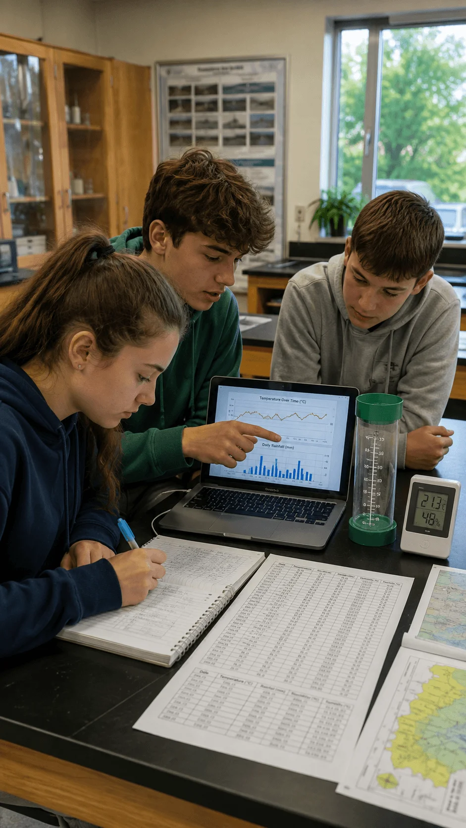 Students analyzing temperature rainfall and humidity data for a school climate data project using a laptop weather instruments and observation notes