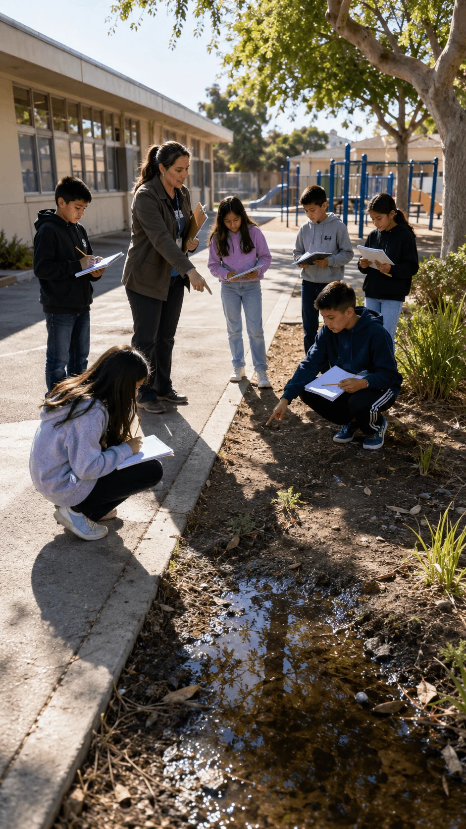 Students conducting a school climate signal hunt by observing water soil and environmental conditions with their teacher