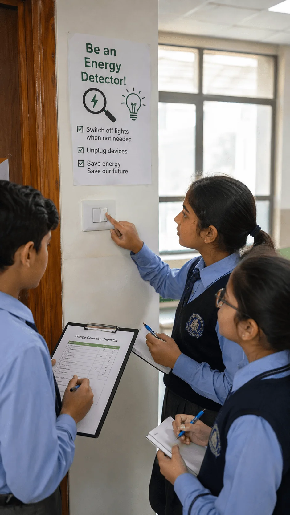 Students conducting a school energy detective challenge by checking a light switch and recording energy saving observations