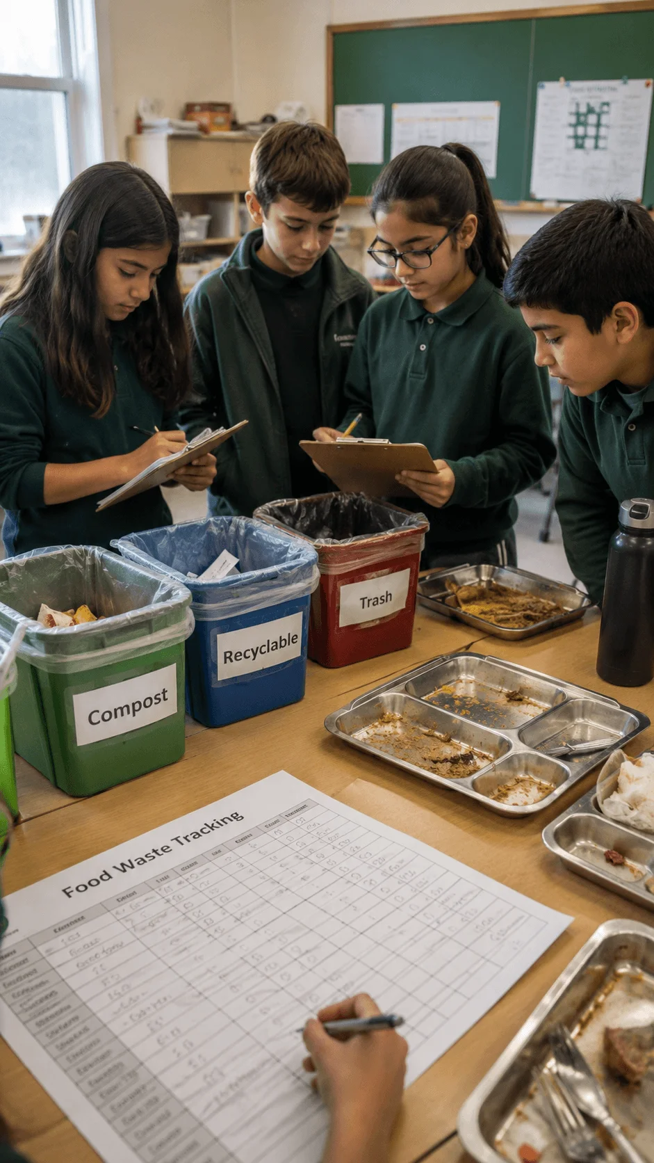 Students tracking school food waste at a table with compost, recyclable and trash bins while recording waste data on a food waste tracking sheet