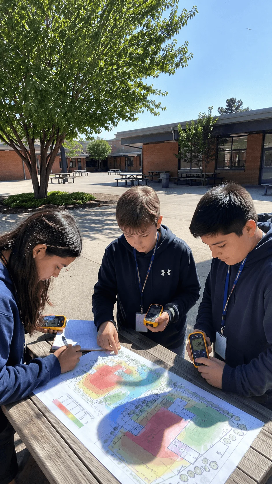 Students measuring temperatures around their school and creating a heat map to compare sunny and shaded areas
