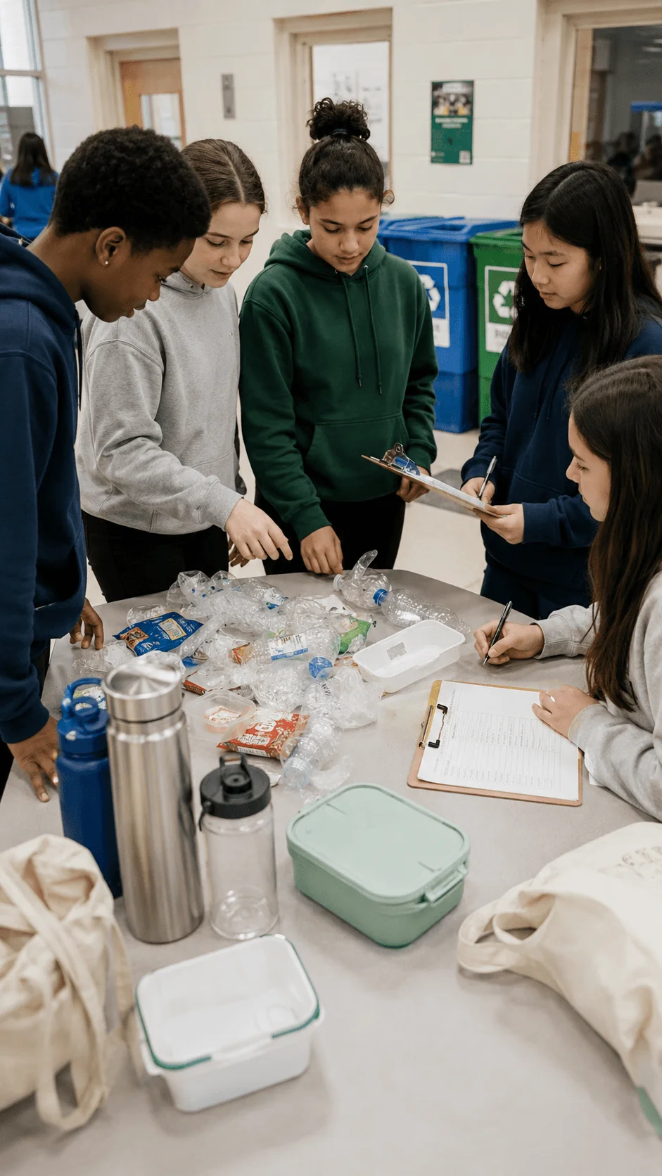Students conducting a school plastic reduction challenge by examining plastic waste and comparing reusable bottles containers and bags