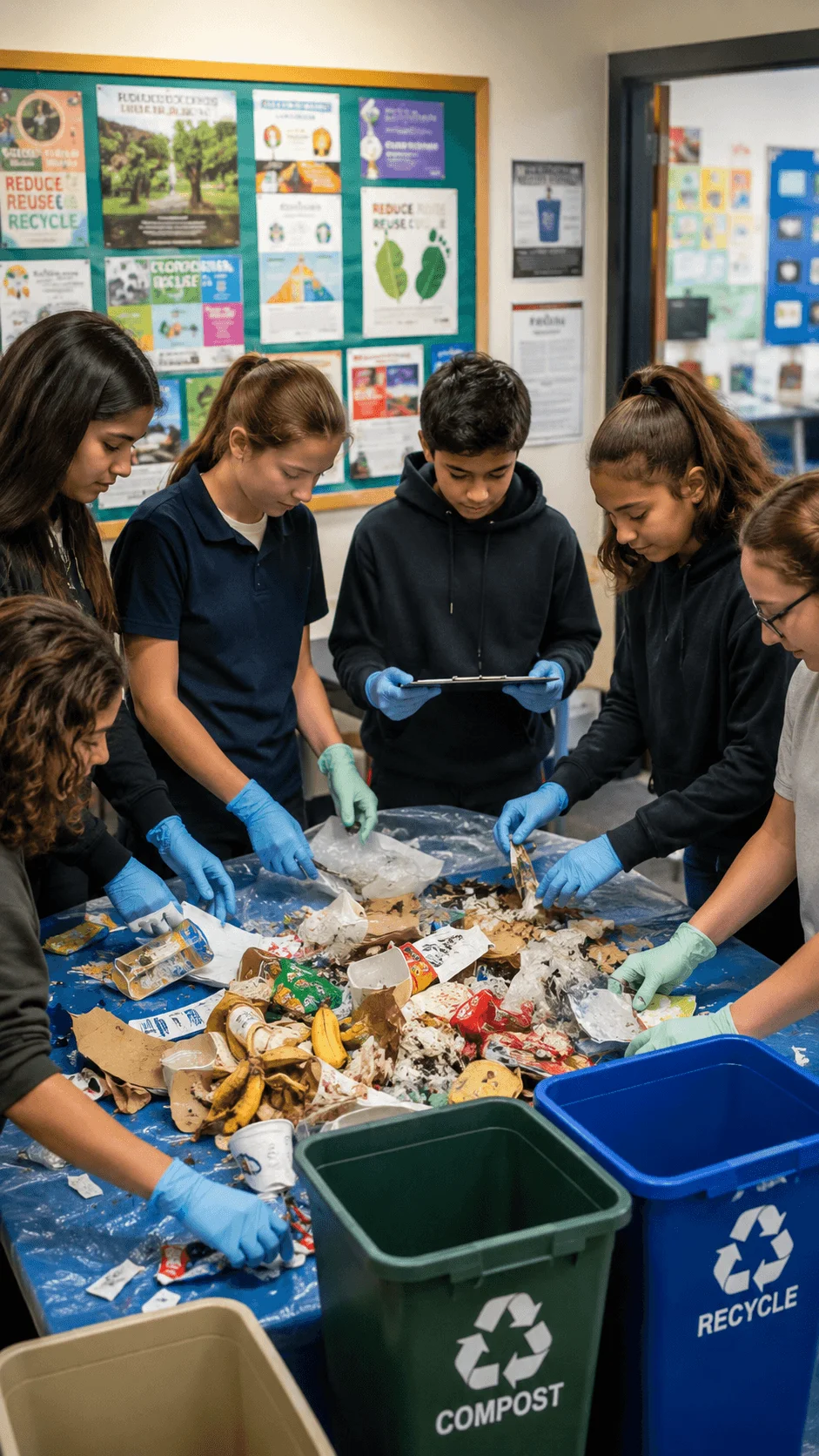 Students conducting a school waste audit by sorting trash into compost and recycling bins while recording their findings