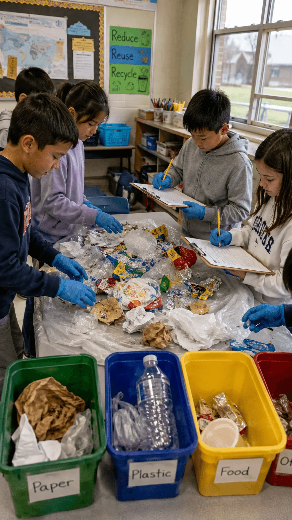 Students sorting classroom waste into recycling bins while recording observations for a school waste audit