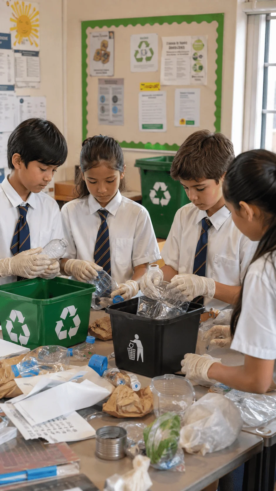Students sorting recyclable bottles, paper, and other waste into labeled recycling bins during a school waste audit.