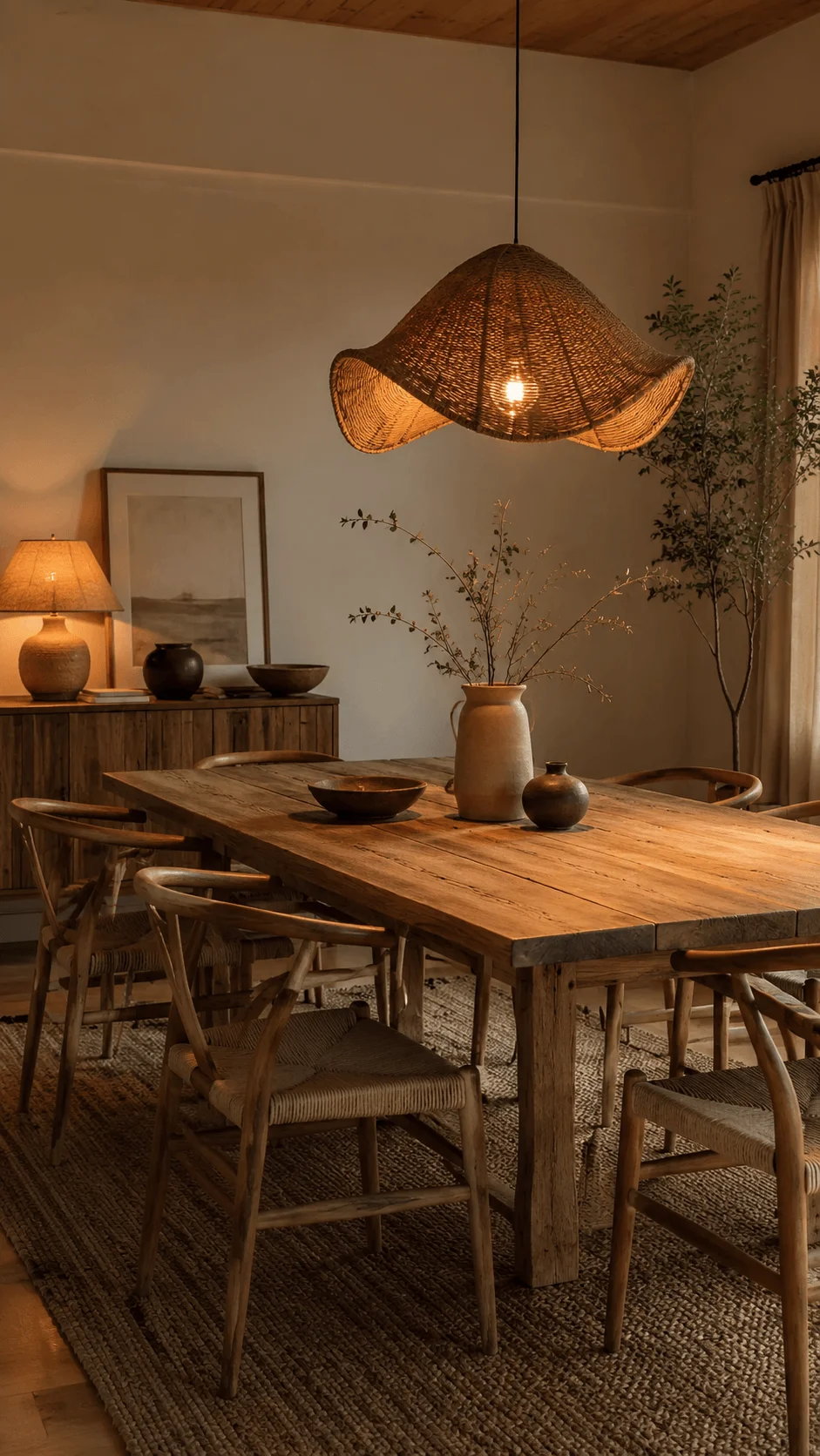 Sustainable dining room with sculptural woven pendant light reclaimed wood table natural chairs ceramic decor and warm ambient lighting