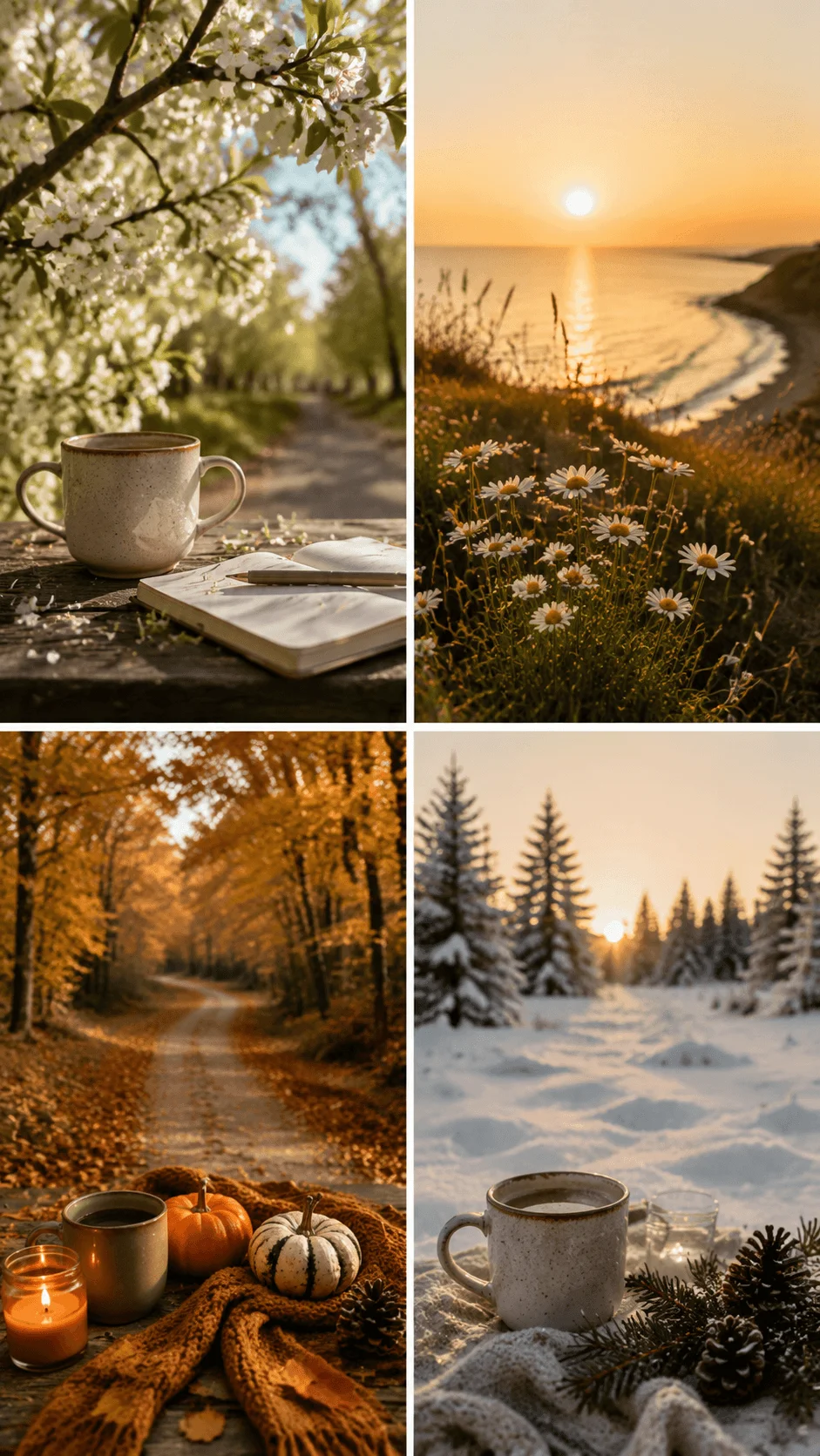 Seasonal eco photography collage featuring nature inspired scenes across spring summer autumn and winter with coffee, flowers, forests, snowy landscapes and warm natural lighting throughout the year