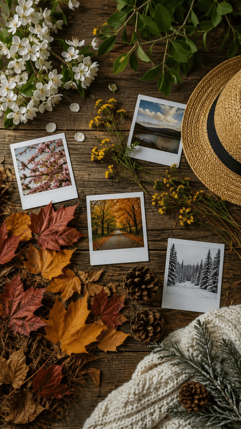 Seasonal nature storytelling with photographs of spring blossoms, summer landscapes, autumn foliage, and snowy winter forests surrounded by natural seasonal elements.