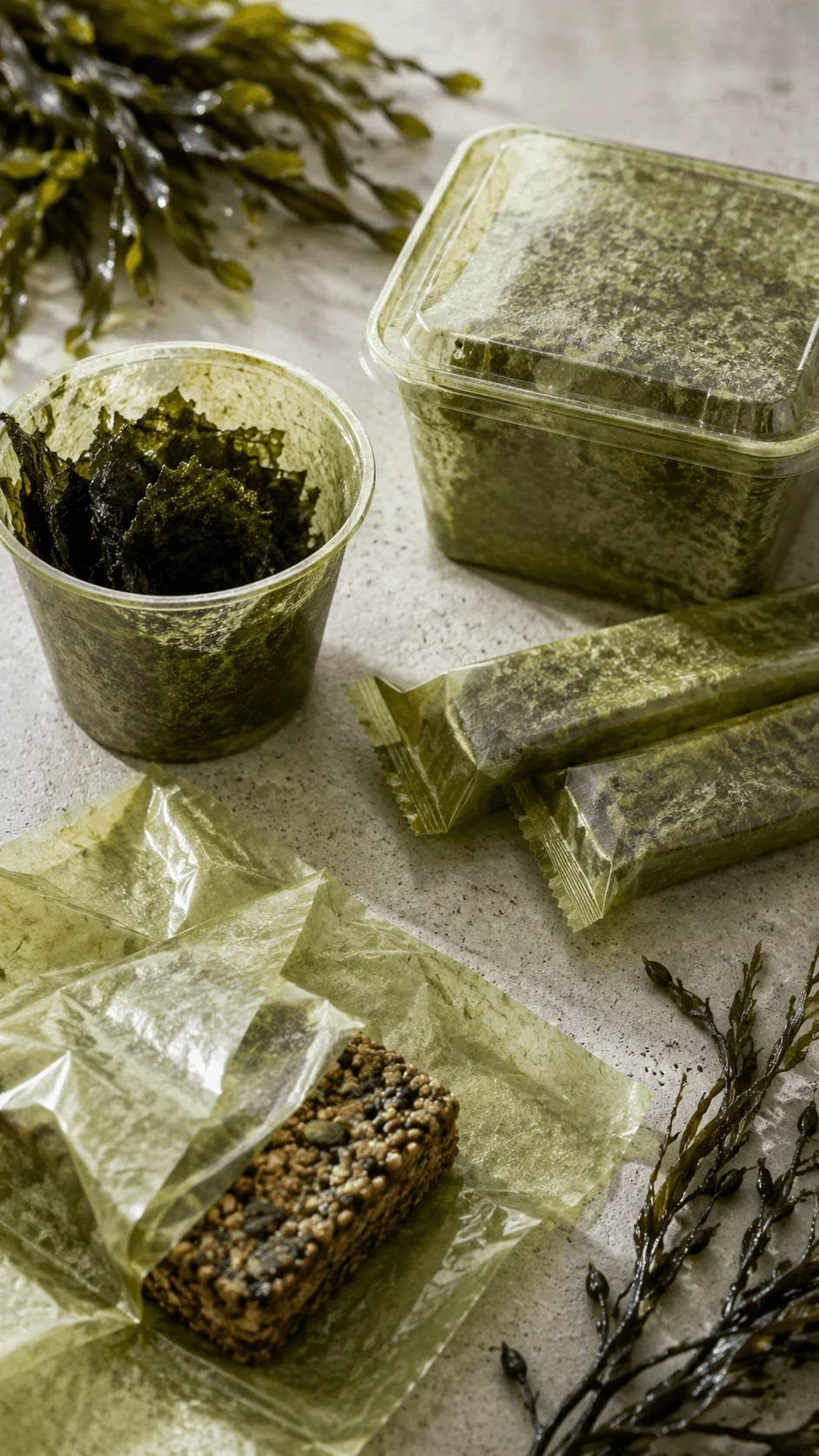 Seaweed and algae based food packaging with edible films containers and snack wrappers made from sustainable marine materials