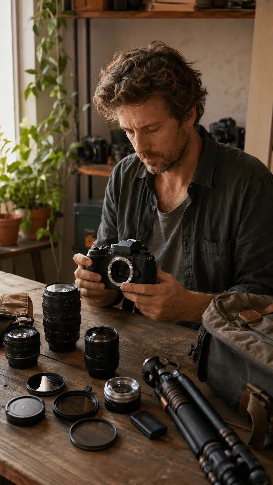 Photographer examining second hand camera equipment with multiple lenses, vintage accessories and sustainable photography gear arranged on a wooden table
