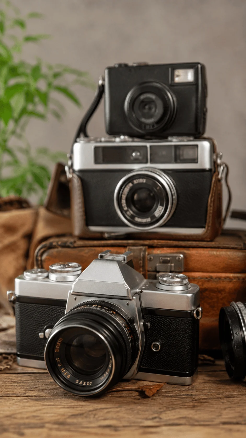 Second hand vintage cameras displayed together on a wooden table with a leather case and camera lenses