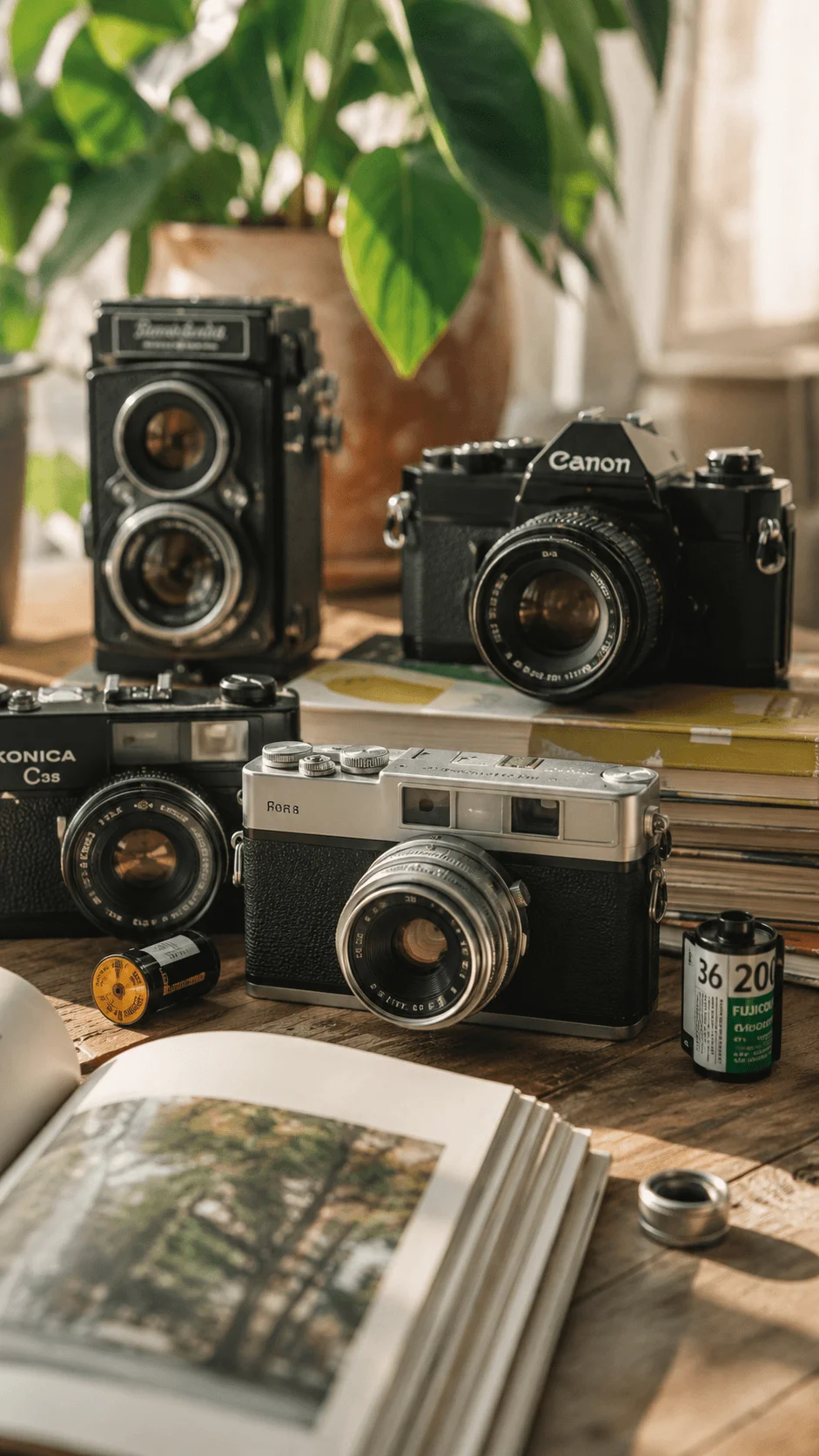 Second hand film cameras including vintage Canon, Konica and Rolleiflex cameras with film rolls, photo books and plants on a wooden table