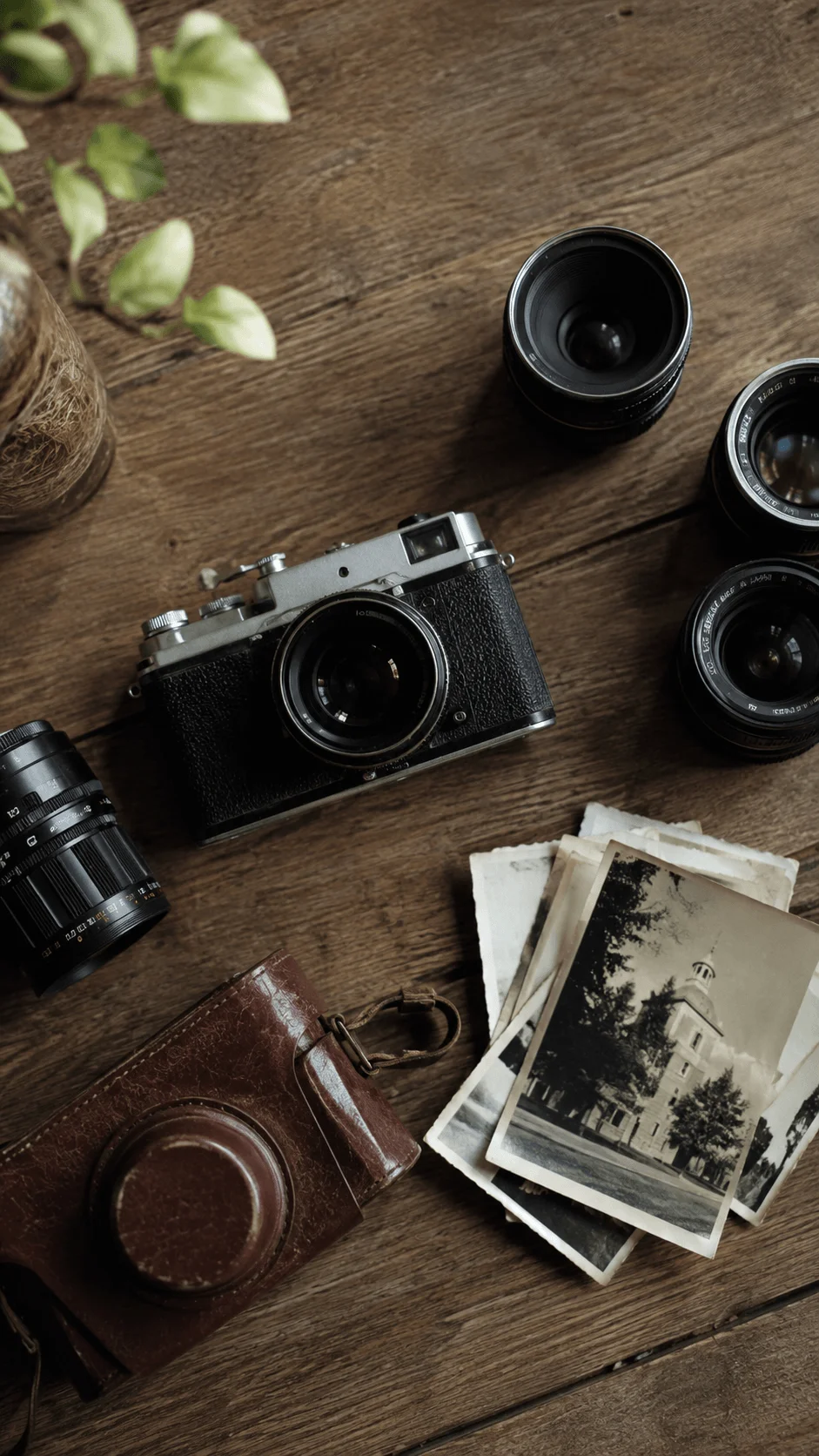 Vintage camera gear with a classic film camera, multiple lenses, leather camera case, and old black and white photographs arranged on a rustic wooden table with green leaves