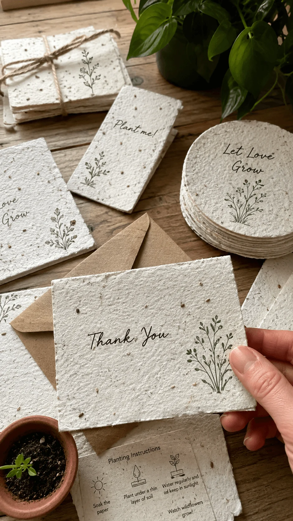 Seed paper products business with plantable thank you cards invitations tags and handmade stationery embedded with flower seeds