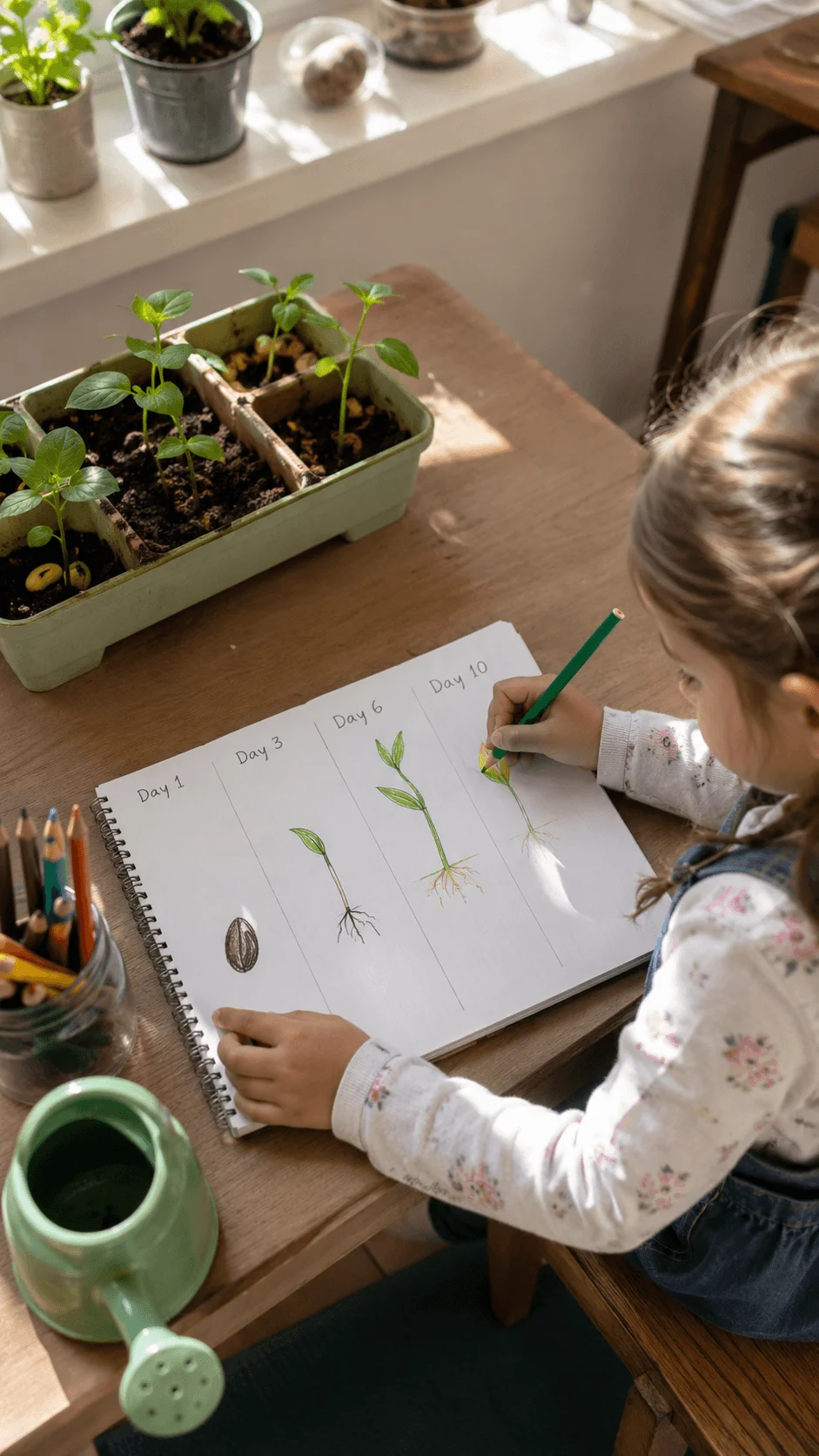 A child drawing the growth stages of a plant in a preschool journal beside seedlings in small pots.