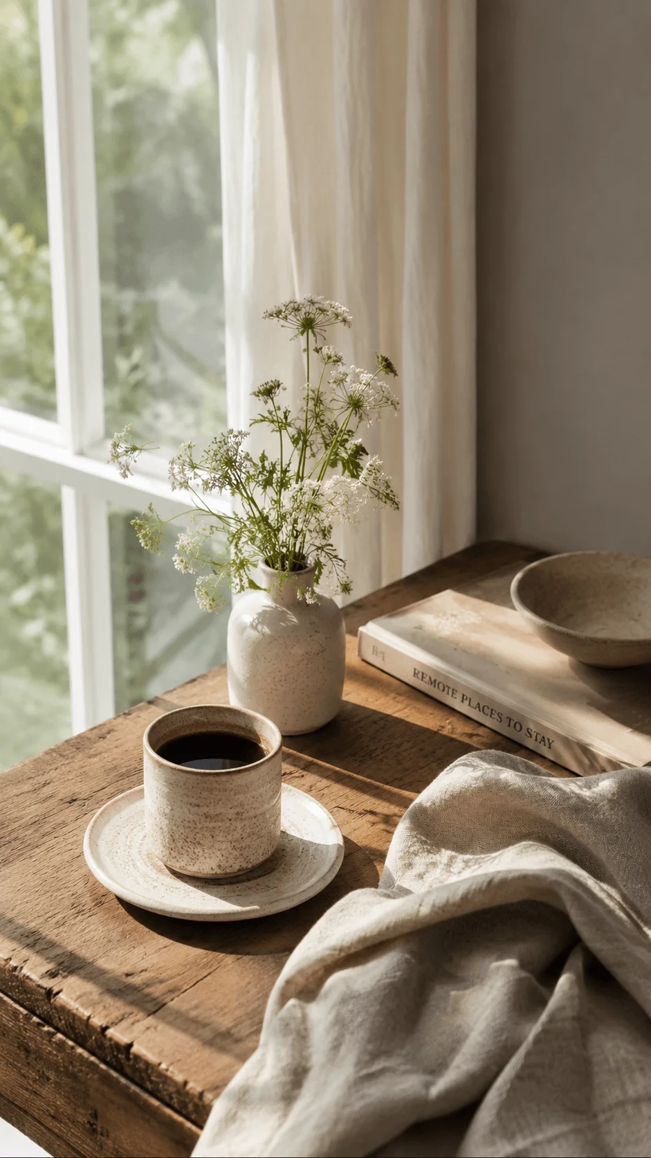 Minimalist coffee cup with wildflowers on a rustic wooden table beside a sunlit window with soft natural light