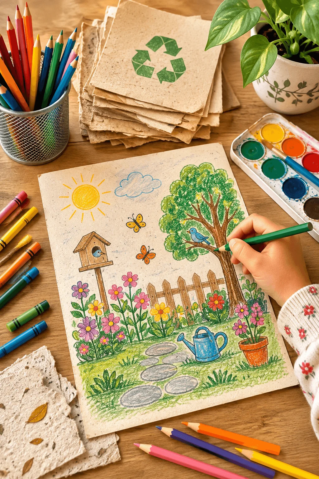 Eco friendly garden drawing on recycled paper with colorful pencils crayons watercolor paints flowers birdhouse butterflies tree and watering can