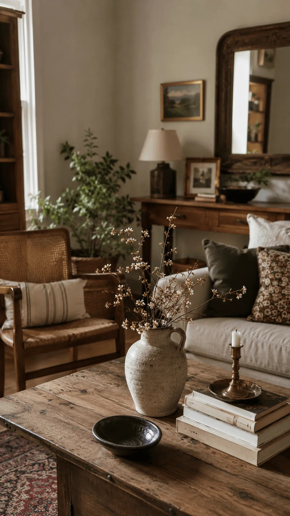 Slow decorating with meaningful pieces in a warm rustic living room featuring vintage wooden furniture, natural textiles, plants, framed artwork and carefully chosen decorative objects