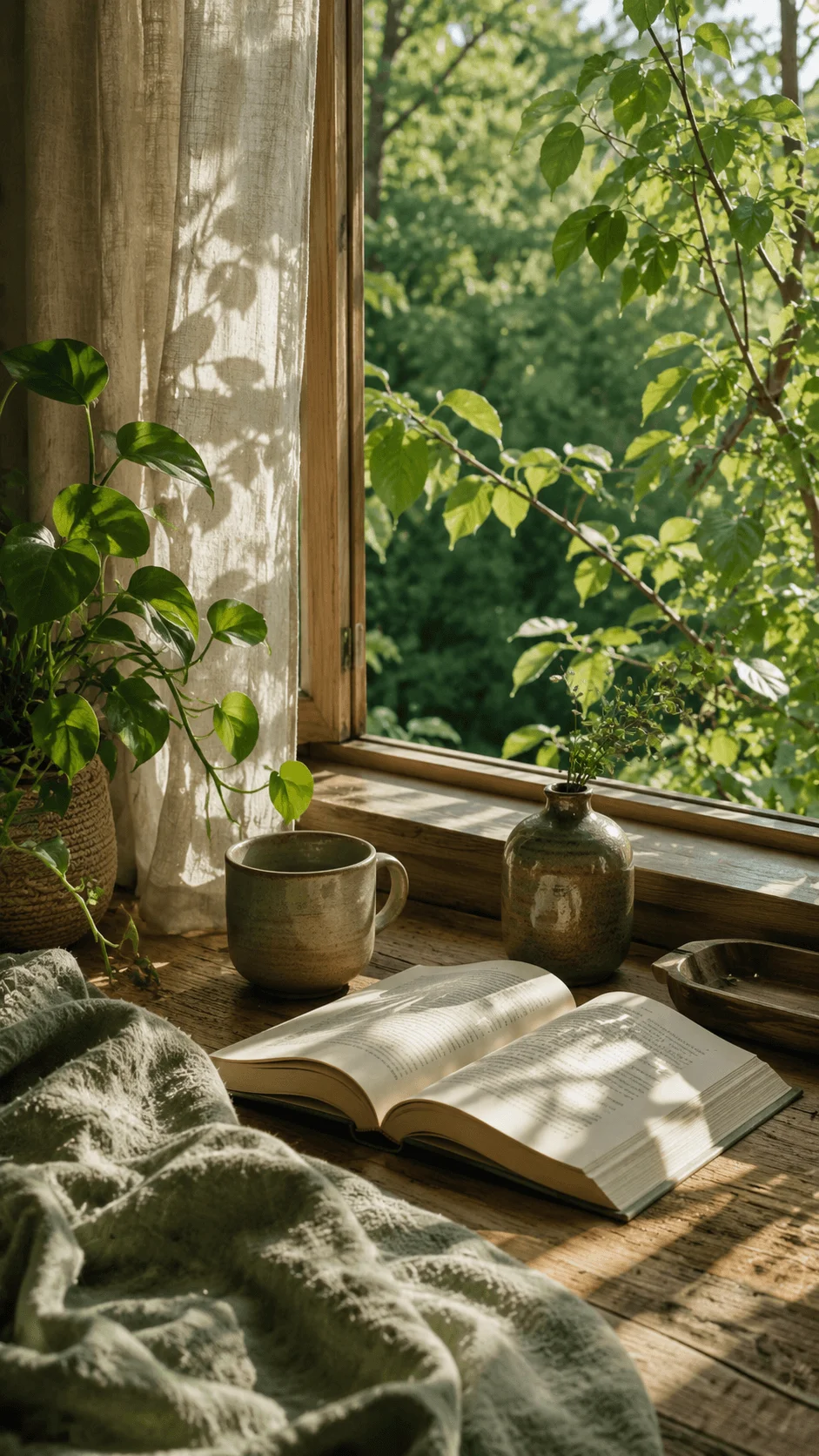 Slow living aesthetic with an open book, ceramic cup, indoor plants, linen fabric, and warm sunlight beside an open window