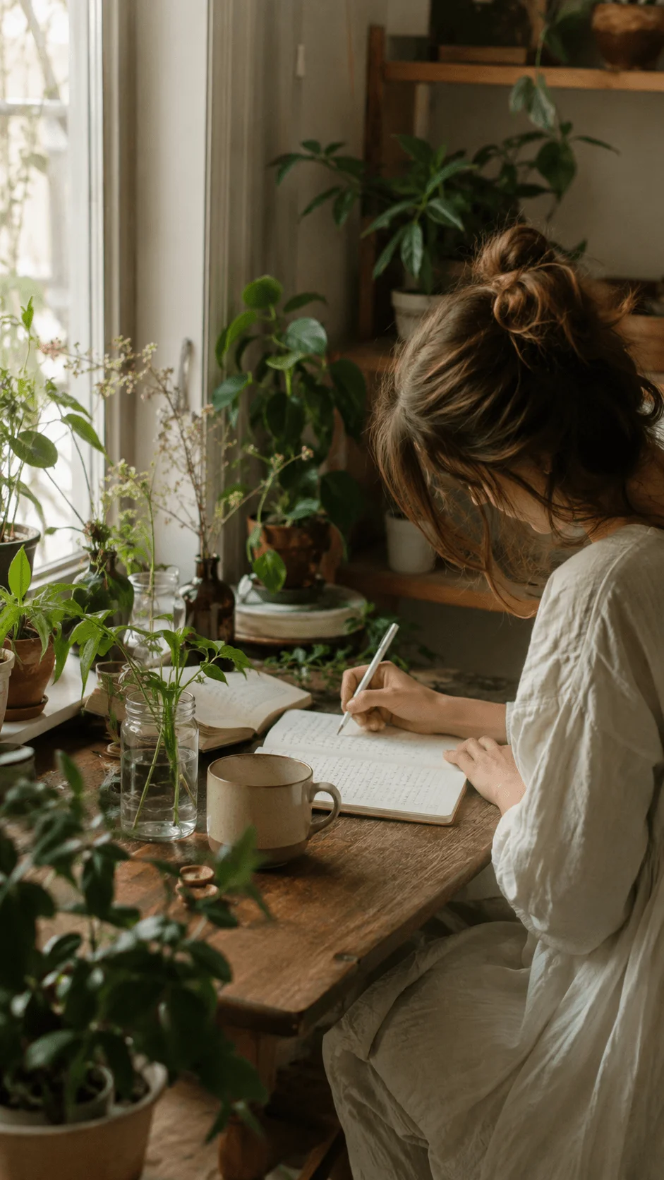 Slow living photography featuring a woman journaling at a wooden desk surrounded by houseplants, natural light, a ceramic mug and vintage decor