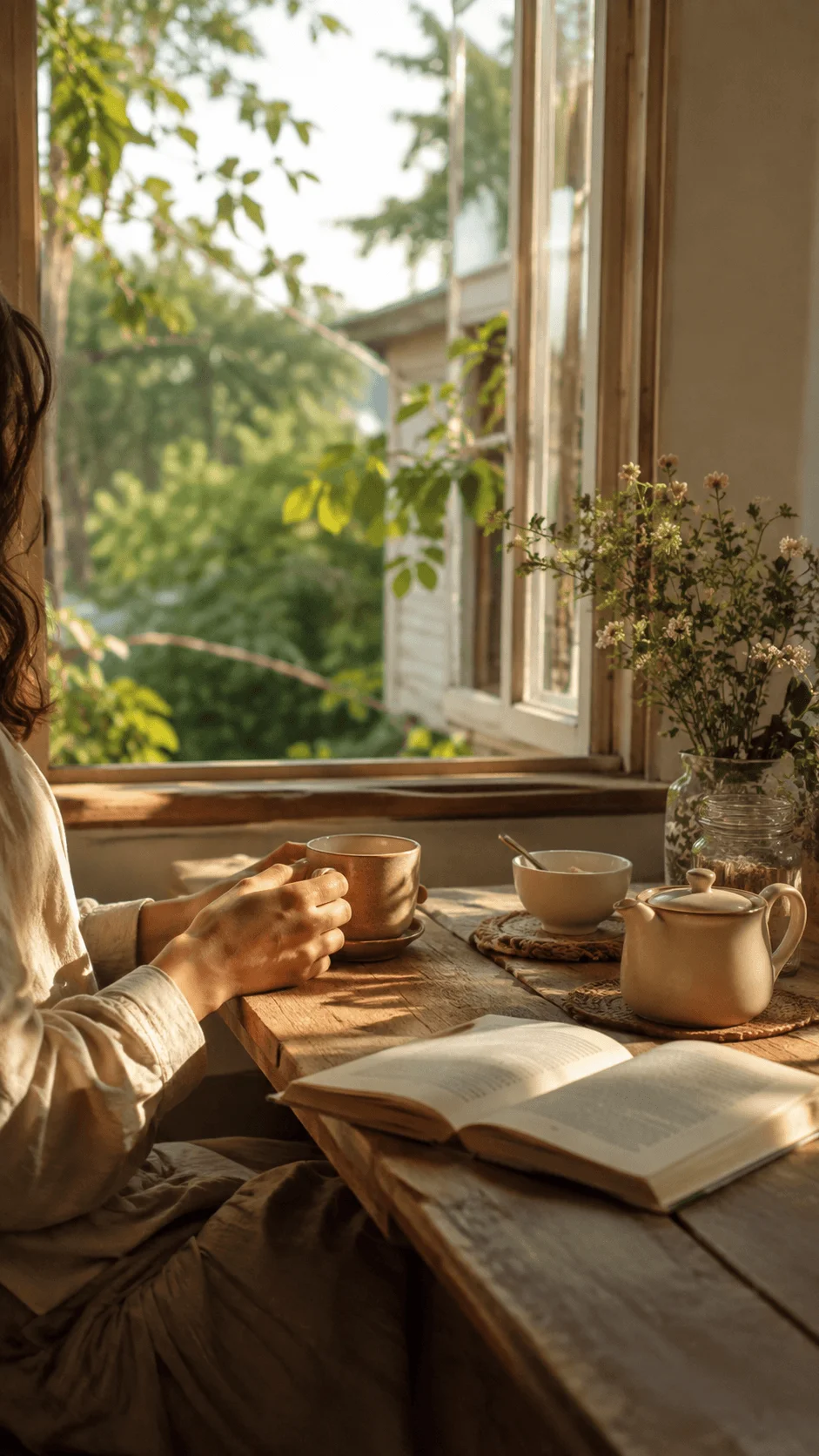 Slow living photography featuring a person enjoying coffee beside an open book at a wooden table with warm sunlight, natural plants, ceramic dishes and a peaceful sustainable home atmosphere