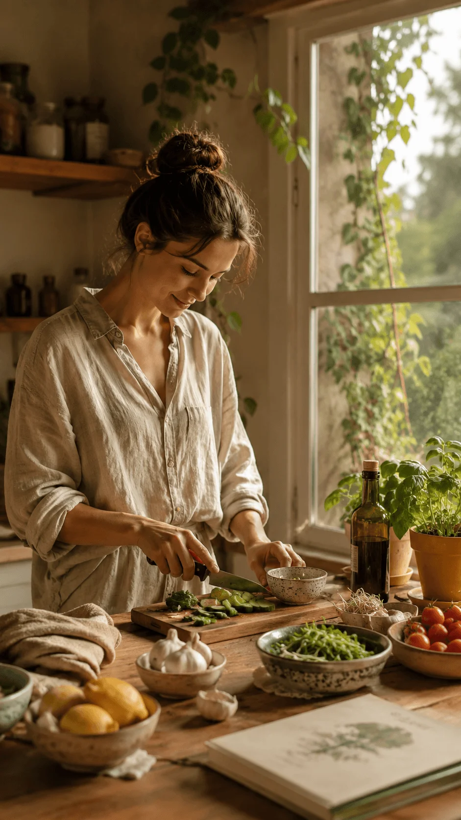 Woman preparing fresh vegetables in a cozy kitchen with natural light, potted herbs, fresh produce, and rustic ceramic dishes on a wooden table
