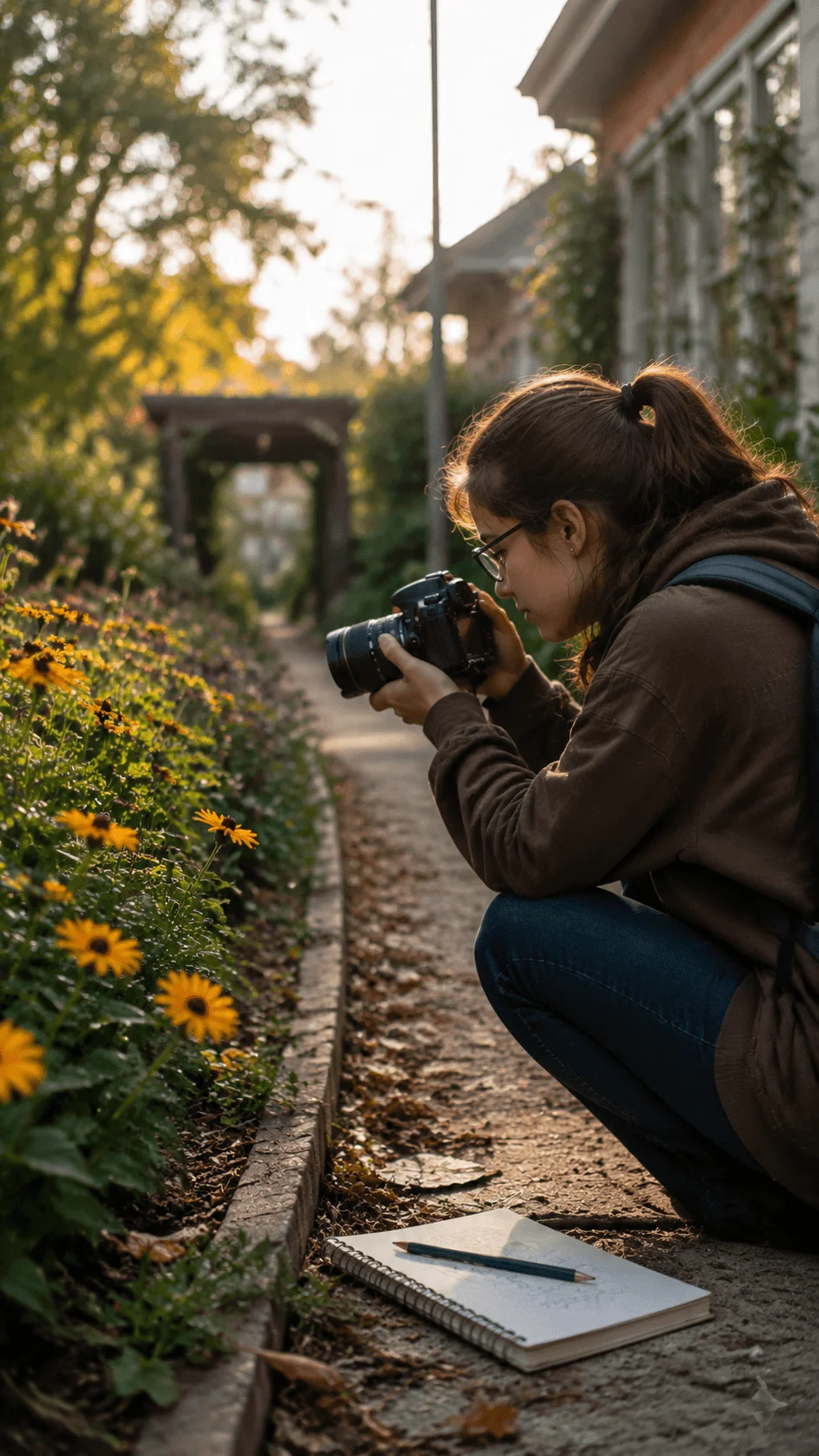 Photographer practicing slow photography by capturing flowers and nature details with a camera in a peaceful garden setting