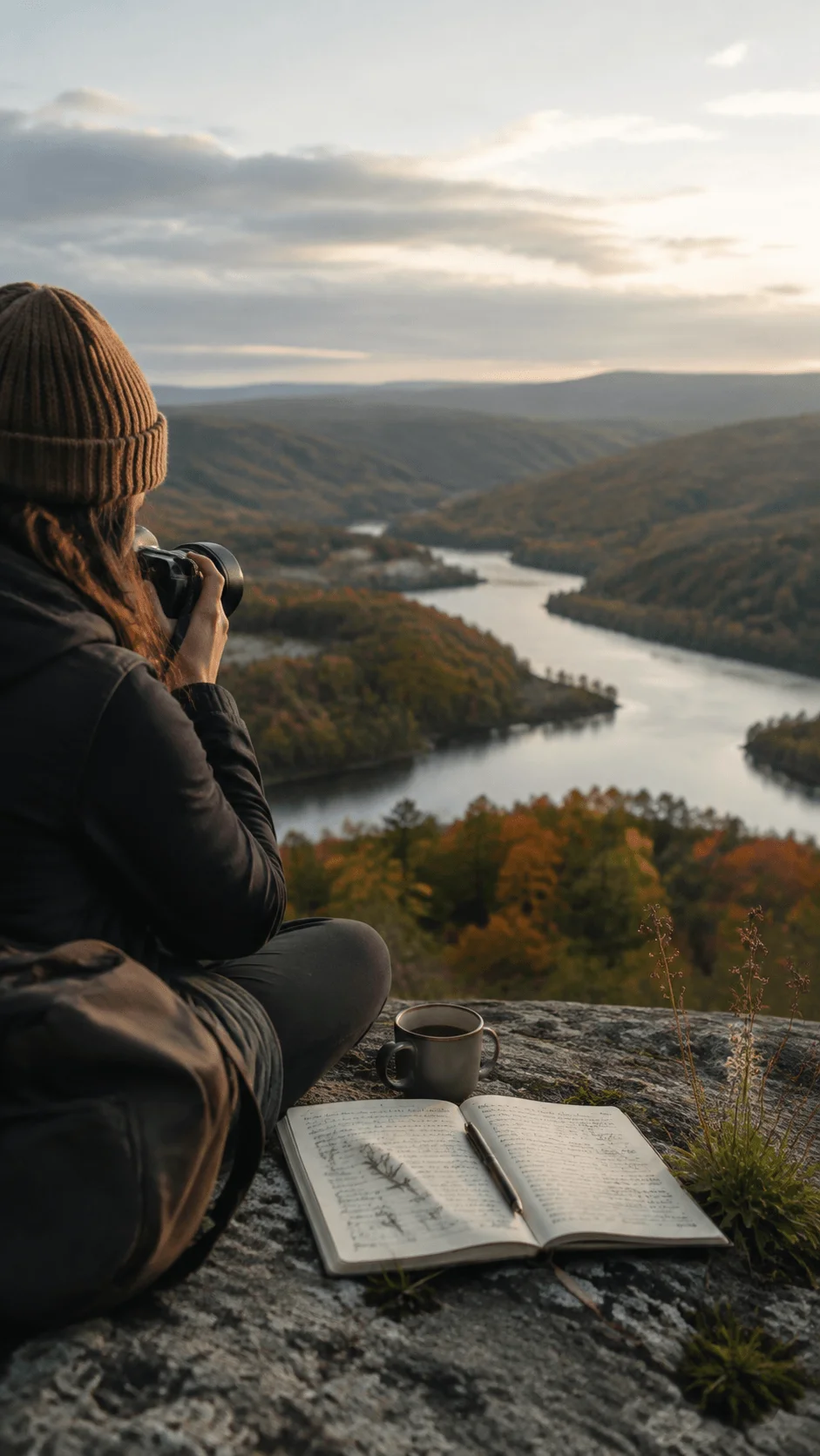 Slow photography of a person capturing nature from a mountain viewpoint with camera journal and coffee beside a peaceful lake landscape