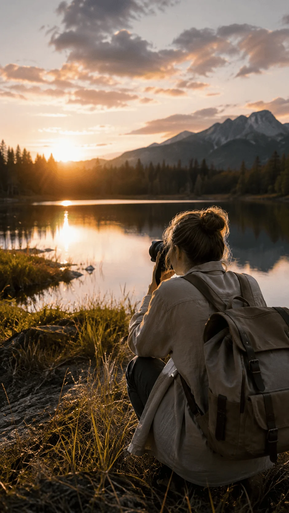 Slow photography with a photographer capturing a mountain lake at sunset surrounded by pine trees and dramatic mountains, carrying a backpack beside the water.