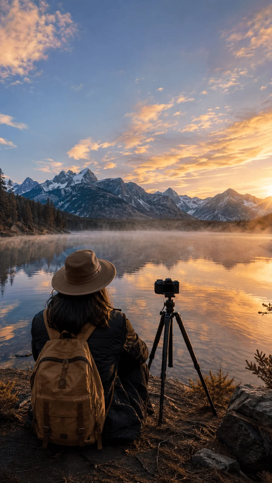 Slow travel photography capturing a peaceful mountain lake and sunrise with a photographer and camera on a tripod
