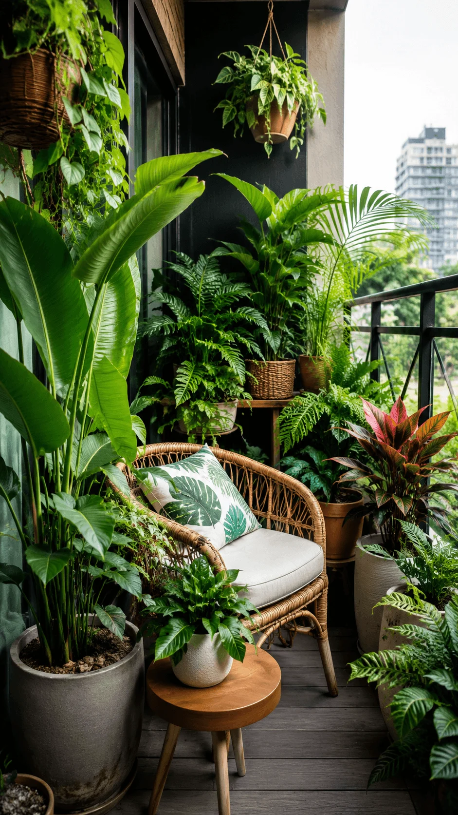 Small tropical apartment balcony garden with lush green foliage large leafy plants hanging planters and a cozy wicker chair