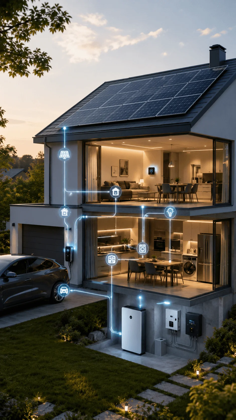 Smart energy management system in a modern eco friendly home with solar panels battery storage electric vehicle charging and connected appliances