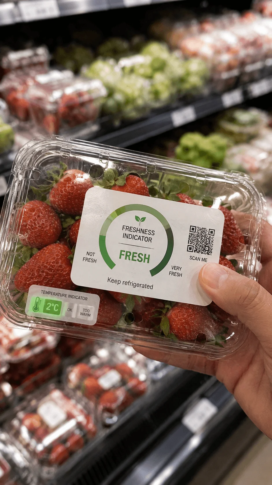 Smart sustainable food packaging with freshness and temperature indicators on a strawberry container in a grocery store