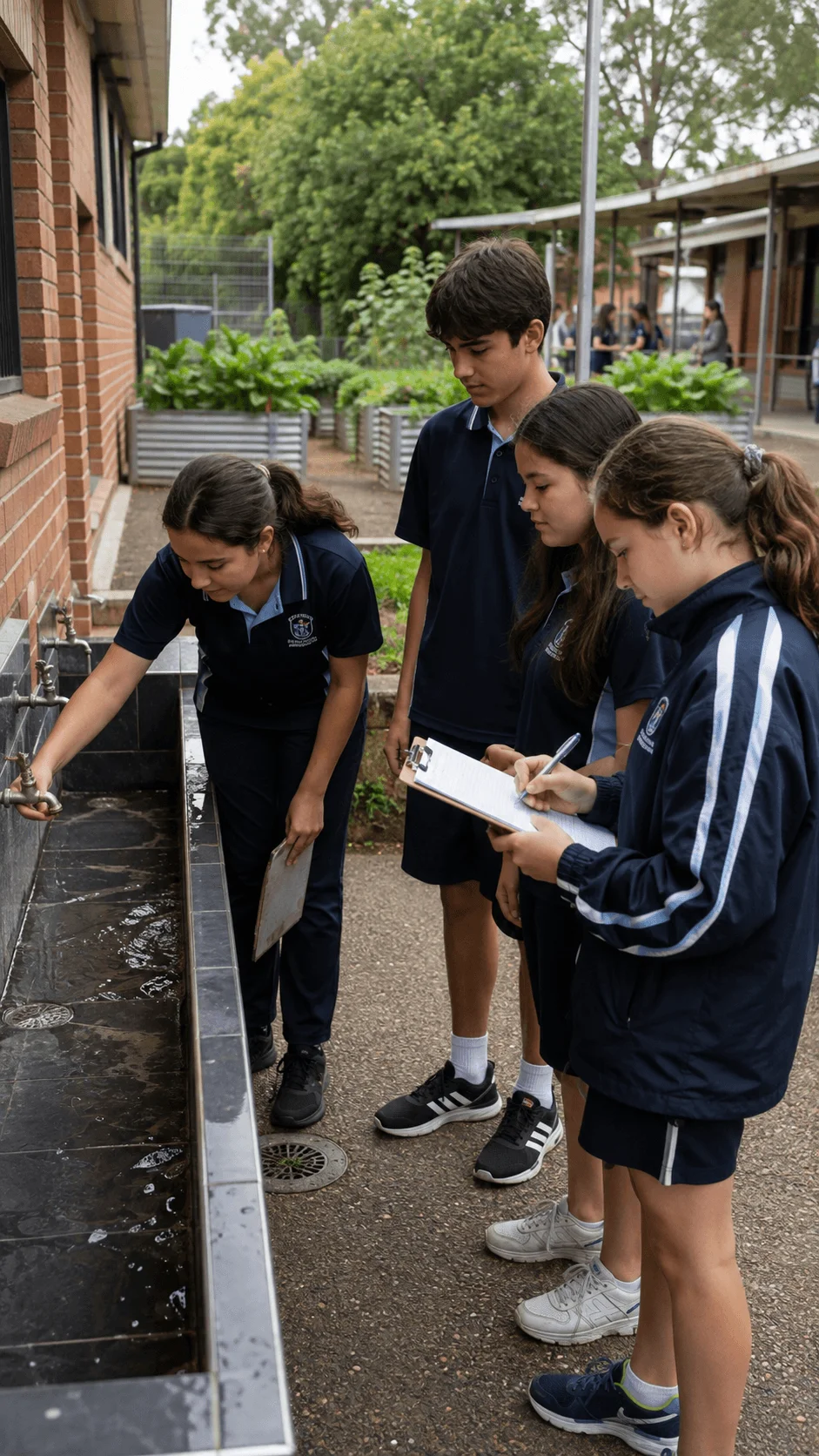 Students conducting a smart water conservation audit by inspecting school taps and recording water usage observations on a clipboard