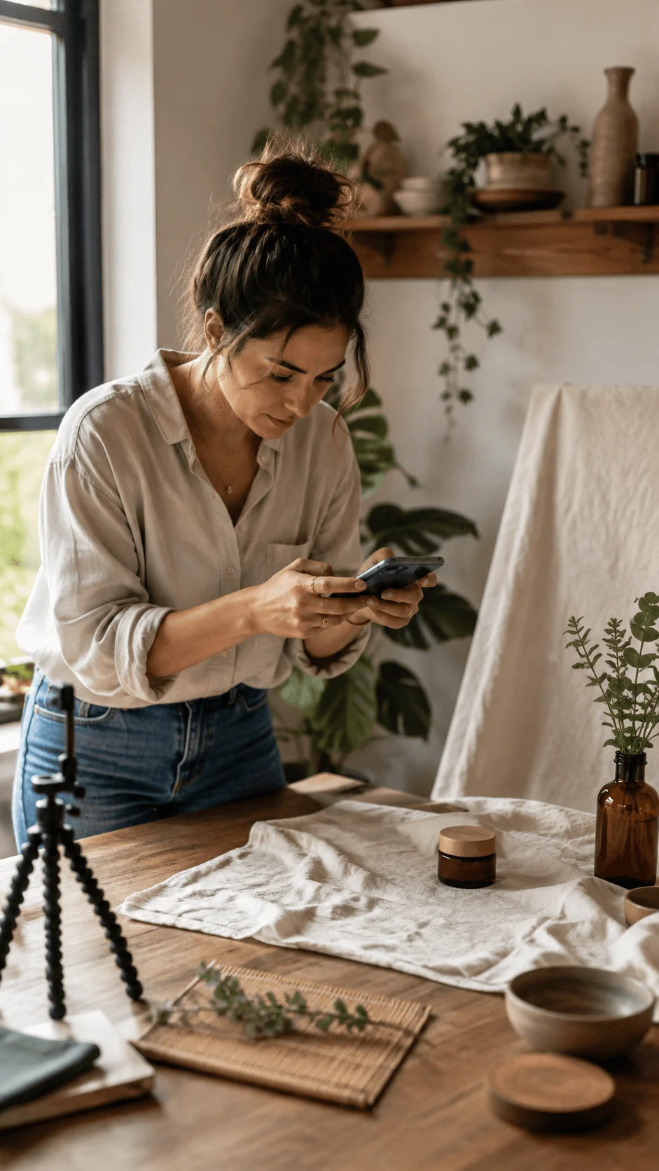 Photographer using a smartphone for creative product photography with natural styling, linen fabric, plants and sustainable workspace setup
